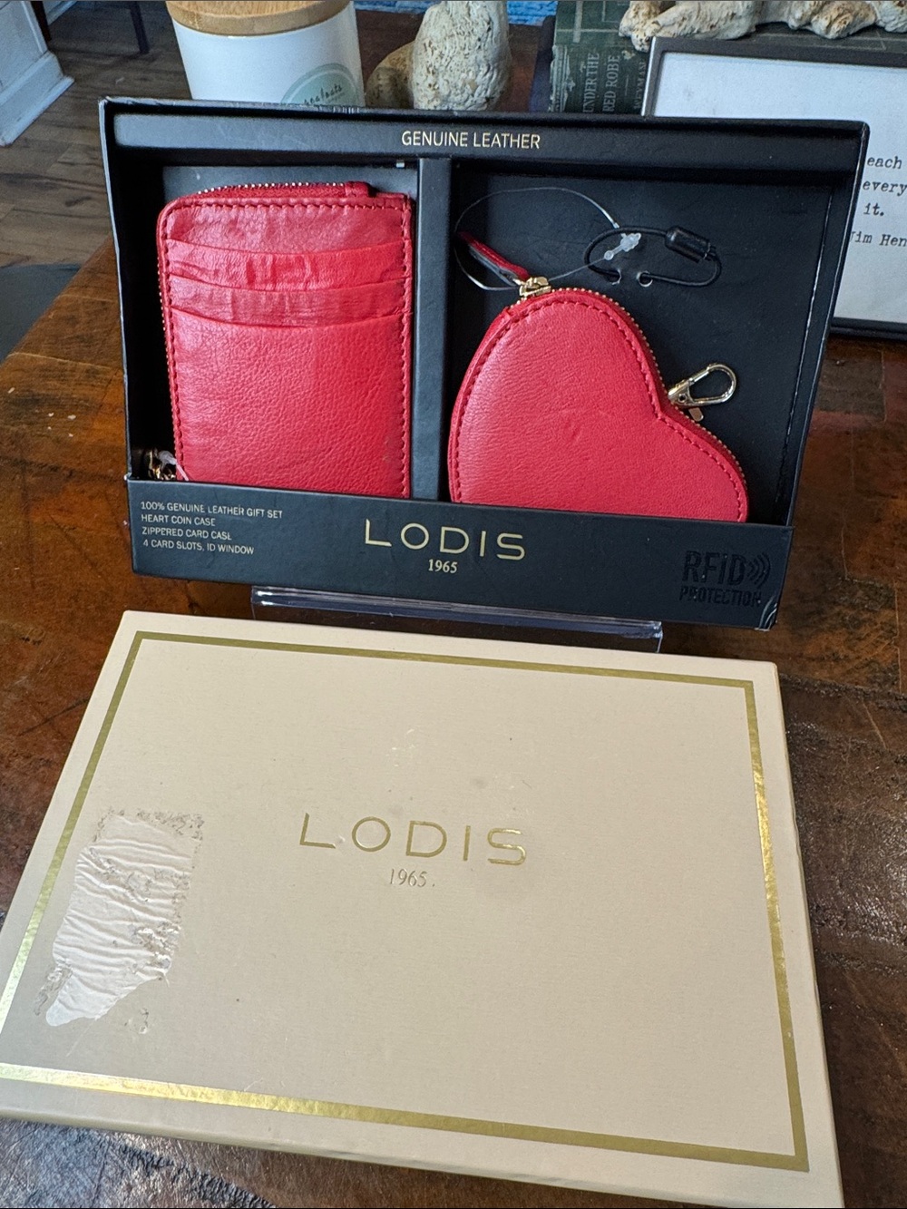 Lodis Red Leather Card Case and Heart Coin Pouch Set